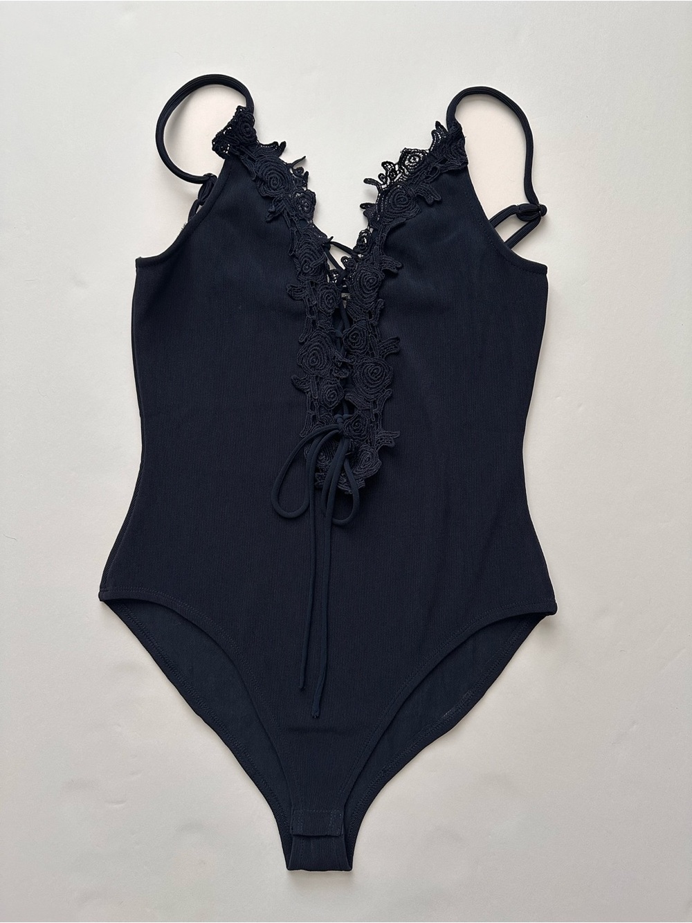 Casting LA Navy Blue Lace Up Floral Lace Trim Bodysuit